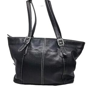 Tignanello Black Leather Zipper Closure Front Pockets Shoulder Handbag Purse